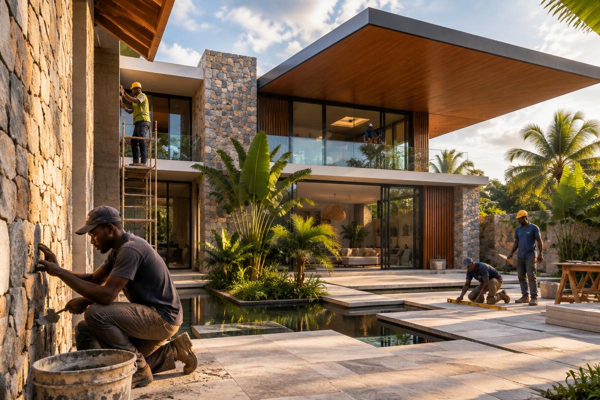 Craftspeople completing a dramatic contemporary Nigerian residence