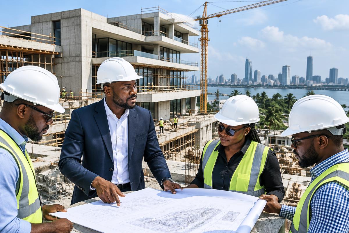 Nigerian project managers reviewing plans on a major Lagos development